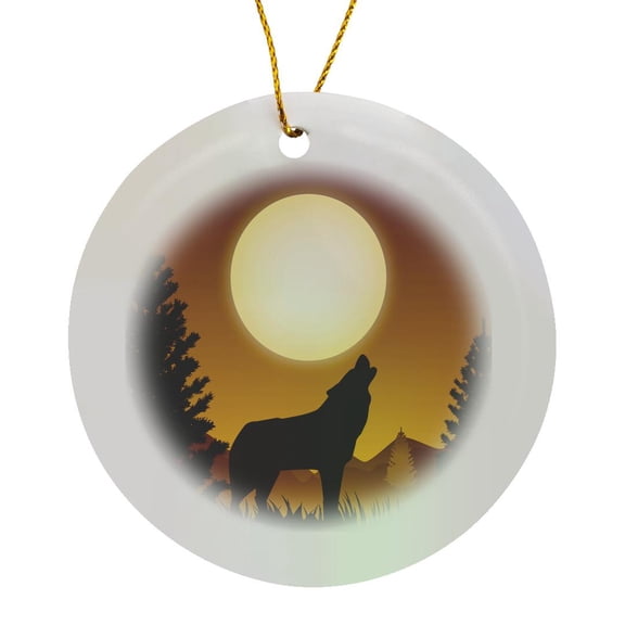 3drose, Vector of a Wolf Howling a Yellow Moon, Circle Porcelain Ornament