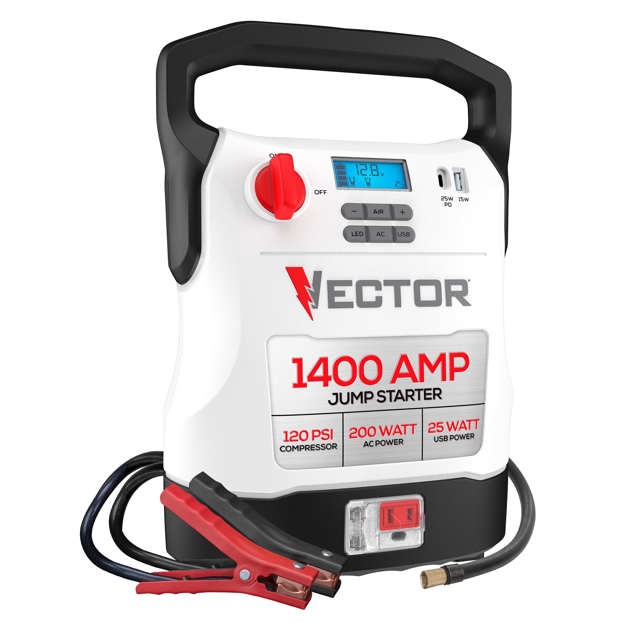Vector Portable Car Jump Starter, 120-PSI Air Compressor, and USB Power Bank with 1,400-Amp Peak for V8 Cars/Trucks, AC Outlet, Clamps, LED, VECJ14C