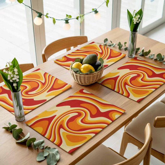 Vector Psychedelic Groovy Back Placemats Set of 4,Wipeable Washable Table Mats for Dining Tables, Colorful Modern Abstract Liquid Art Place Mats for Kitchen Event Party Tabletop Decor