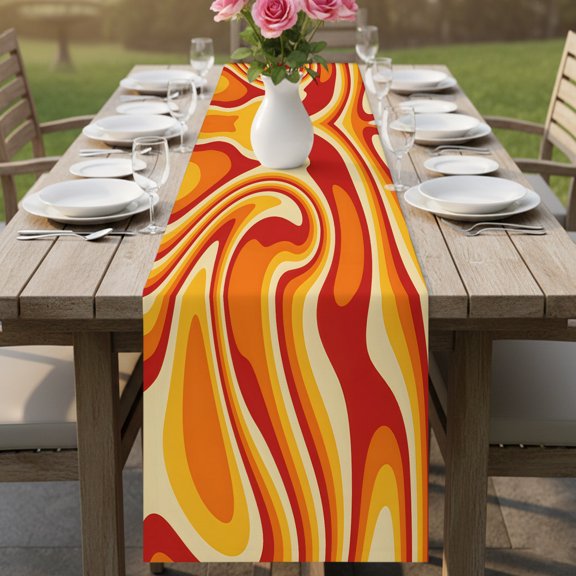 Vector Psychedelic Groovy Back Table Runner 13x36in Non-Slip Cotton Linen Table Runners, Colorful Modern Abstract Liquid Art Dresser Scarves TableRunner for Dinner Kitchen Dining Wedding Party