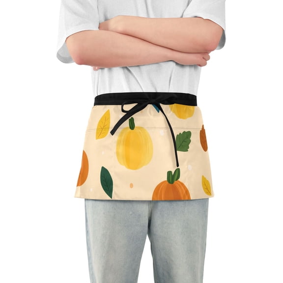 Vector Pumpkin Leaves Thanksgiving Day Short Server Apron with 3 Pockets for Unisex Chef Gardening