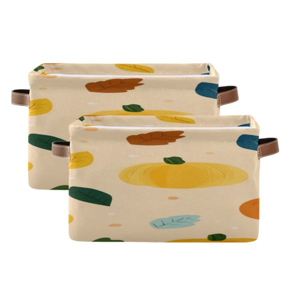 Vector Pumpkin Leaves Thanksgiving Day Square Storage Bins with Handles Collapsible Containing Box 2 Packs