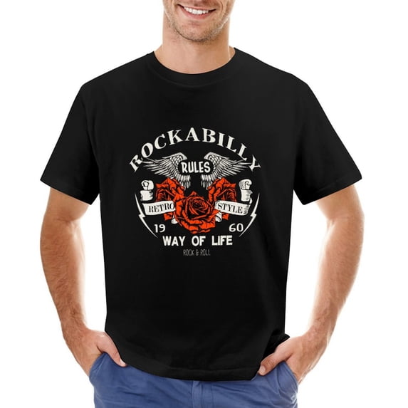 Vector Rockabilly Illustration Vintage T-shirt Mens Cotton Classic Crewneck Short Sleeve Tees Unisex Black S
