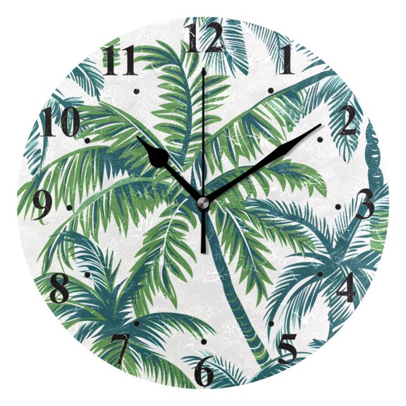 Vector Seamless Tropical Pattern with Palm Tree and Leaves Black 10 inch Wall Clocks Non Ticking Easy to Read Battery Decorative for Home Bathroom Kitchen Bedroom Living Room