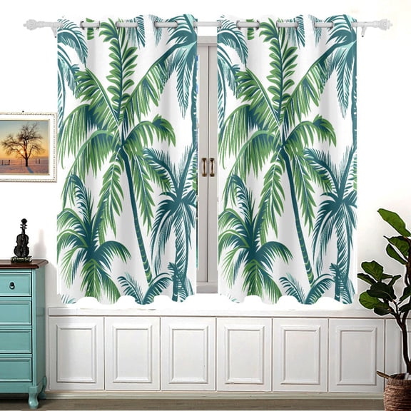 Vector Seamless Tropical Pattern with Palm Tree and Leaves Black Out Curtains Aesthetic for Bedroom Living Room Sliding Glass Doors Kitchen Windows 2 panels set