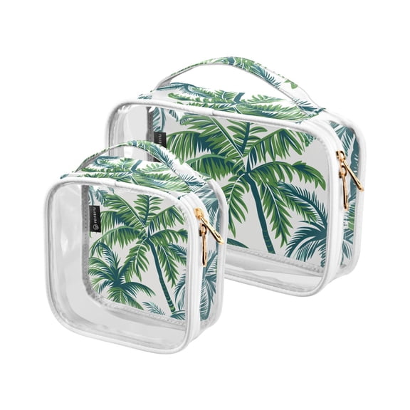 Vector Seamless Tropical Pattern with Palm Tree and Leaves Clear Cosmetic Bags with Handles PVC Toiletry Bags Zipper Waterproof Portable for Traveling 2 Pcs