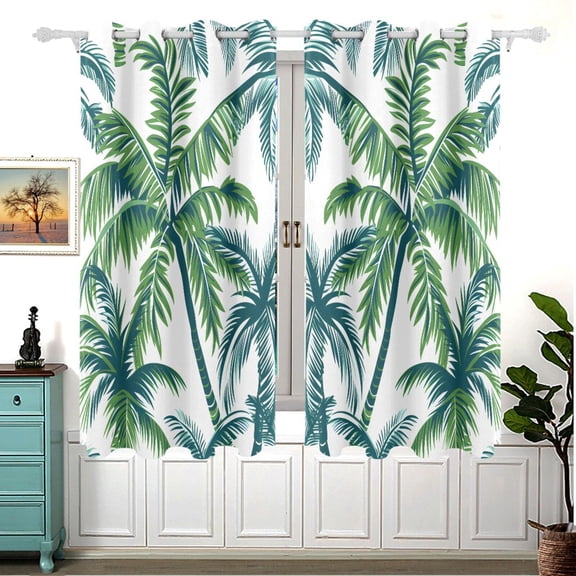 Vector Seamless Tropical Pattern with Palm Tree and Leaves Curtains Black Out Curtains for Sliding Glass Doors Bedroom Living Room Bathroom 2 Panels Set