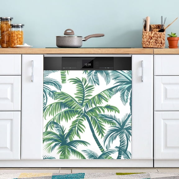 Vector Seamless Tropical Pattern with Palm Tree and Leaves Dishwasher Magnetic Covers Magnet Sticker Kitchen Decor Dishwasher Refrigerator Front Door Covers Decorative Magnetic 23" x 26"