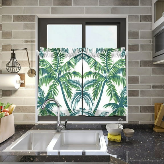 Vector Seamless Tropical Pattern with Palm Tree and Leaves Kitchen Curtains Half Tier Curtain 2 Rod Pockets Bathroom Bedroom Cupborad Living Room 27"x24"