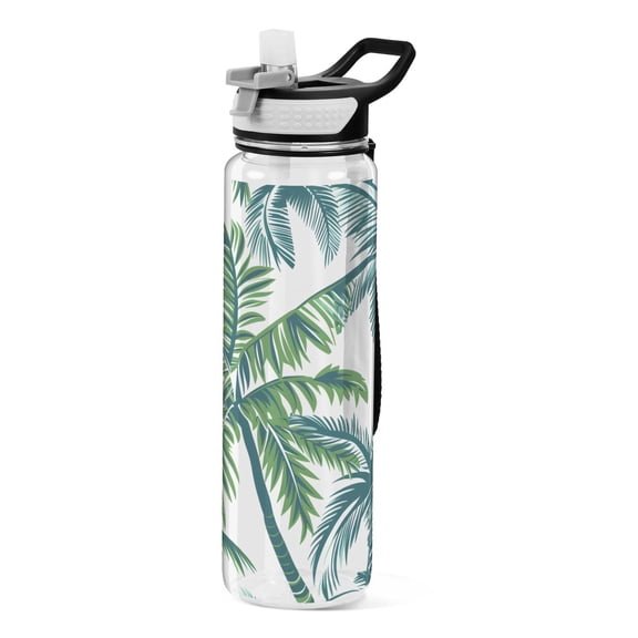 Vector Seamless Tropical Pattern with Palm Tree and Leaves Sports Water Bottle Portable Travel Mug 32oz BPA Free Leak Proof Straw Transparent Tritan for Gym Yoga Cycling Camping