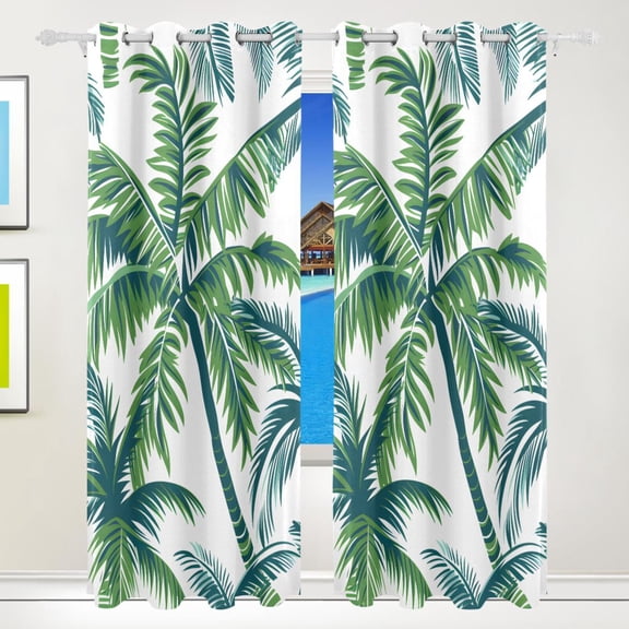 Vector Seamless Tropical Pattern with Palm Tree and Leaves Black Out Curtains 84 Inch Length for Bedroom Living Room Windows 2 Panels Set