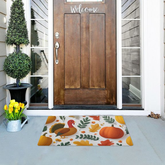 Vector Thanksgiving Illustration Pumpkin Turkey Leaves Doormats Welcome Mats Gate Pads Entryway Outdoor 32" x 20"