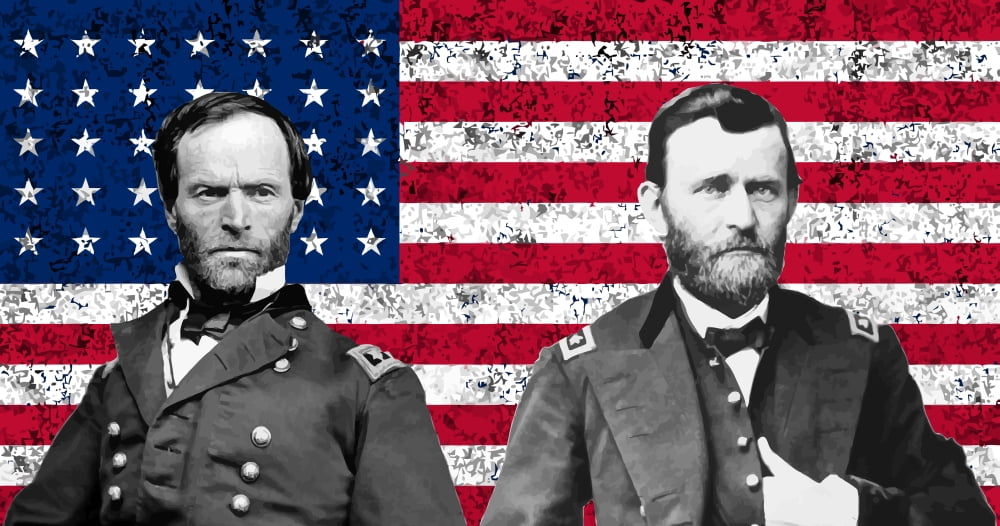 Vector artwork of General Sherman and General Ulysses S Grant in front of American flag Canvas Art - John ParrotStocktrek Images (20 x 11)