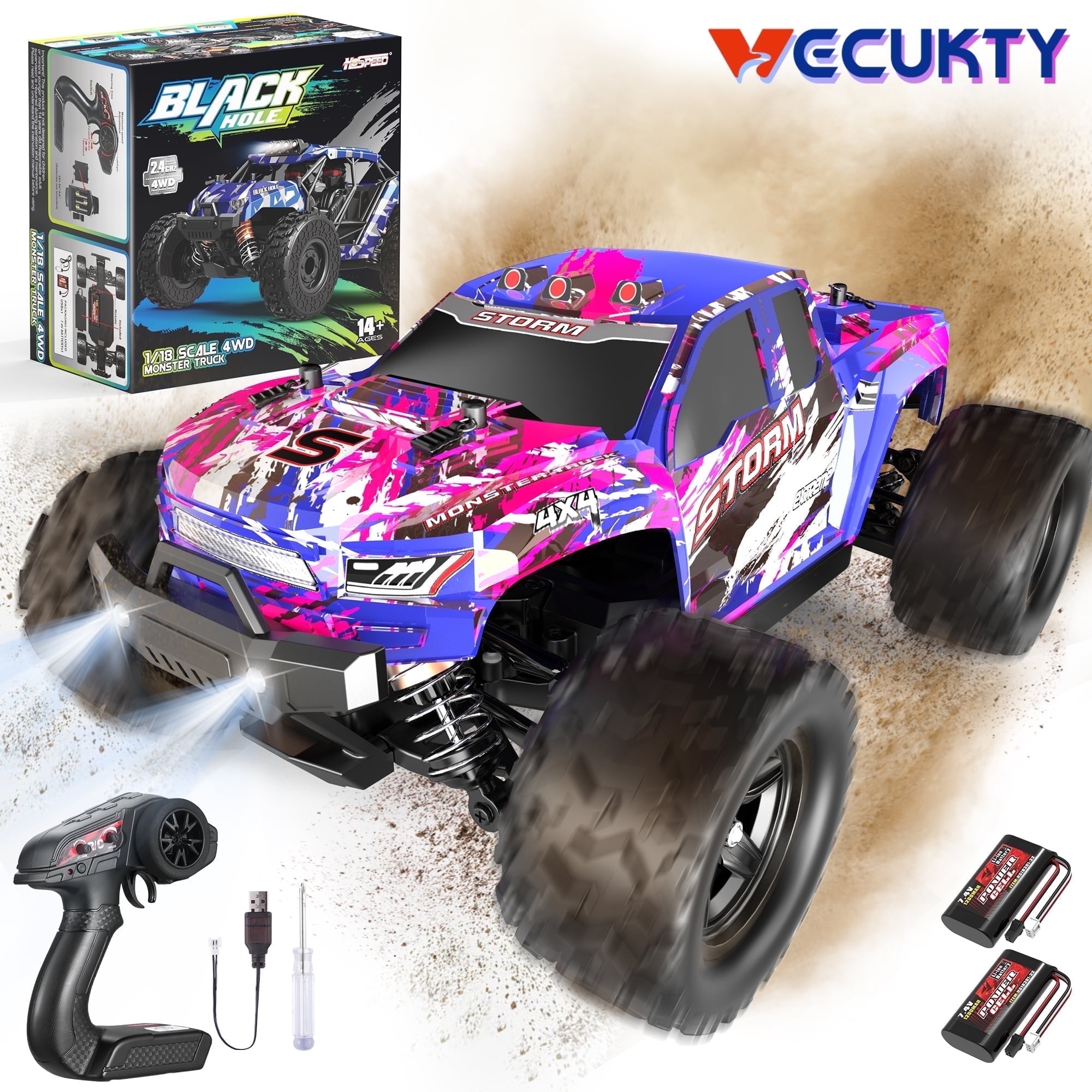 Vecukty 1:18 Scale High Speed Remote Control Car, Fast 45+MPH Jump RC Monster Truck, Waterproof Offroad RC Cars, 4WD All Terrain RC Truck Gift for Adults Boys Kids, 2 Batteries