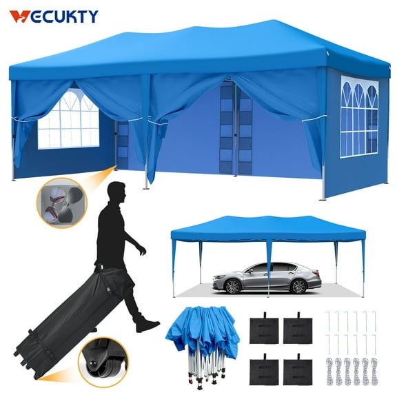 Vecukty 10 x 20 ft Blue Pop up Outdoor Canopies, Removable Sidewalls