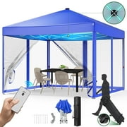 Vecukty 10x10ft Pop Up Canopy Tent with Removable Mesh Mosquito Sidewalls, Remote-Controlled 8-Color LED Lights ,Instant Outdoor Shelter Gazebo Tent,Blue