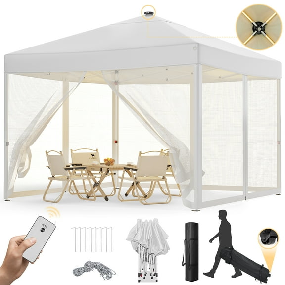 Vecukty 10x10ft Pop Up Canopy Tent with Removable Mesh Mosquito Sidewalls, Remote-Controlled 8-Color LED Lights ,Instant Outdoor Shelter Gazebo Tent, White