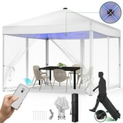 Vecukty 10x10ft Pop Up Canopy Tent with Removable Mesh Mosquito Sidewalls, Remote-Controlled 8-Color LED Lights ,Instant Outdoor Shelter Gazebo Tent, White