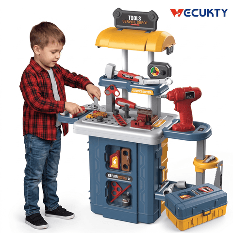 Vecukty 46Pcs Play Tool Set for Kids, Toy Tool Kit with Realistic Lights and Sounds, Simulation Spray, Pretend Repair Kit, Gift for Toddlers Girls Boys