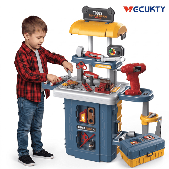 Vecukty 46Pcs Play Tool Set for Kids, Toy Tool Kit with Realistic Lights and Sounds, Simulation Spray, Pretend Repair Kit, Gift for Toddlers Girls Boys