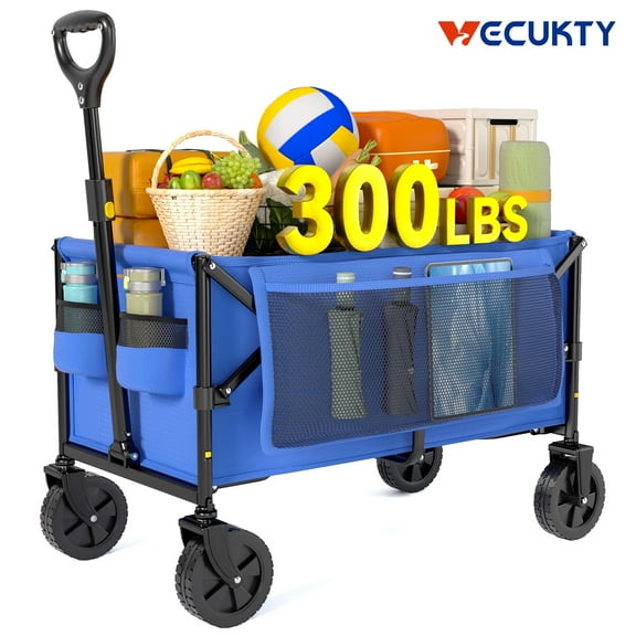 Vecukty Collapsible Folding Wagon,Portable Utility Wagon Cart for Outdoor Camping, Shopping, Sports, Grocery, Kids, Blue