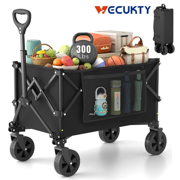 Vecukty Compact Wagon Cart, Gathered Collapsible Camping Cart,Portable Utility Grocery Wagon for Camping, Beach, Picnic, Shopping, Black