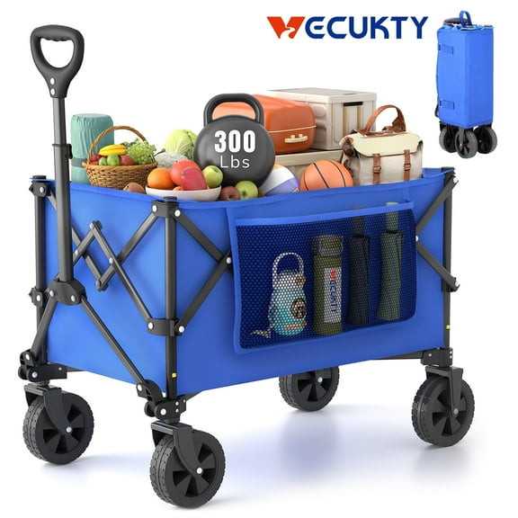 Vecukty Compact Wagon Cart, Gathered Collapsible Camping Cart,Portable Utility Grocery Wagon for Camping, Beach, Picnic, Shopping, Blue
