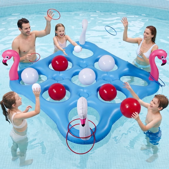 Vecukty 55.2in x 55.2in Flamingo Inflatable Pool Float Tic-Tac-Toe Game Set with 10 Balls & 4 Rings for Pool Beach Party Water Games, Unisex