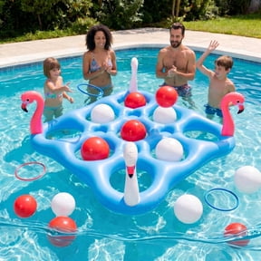Vecukty Pool Toys Games Set, Floating Inflatable Tic-Tac-Toe Toss Game Toys for Kids Adults, Waterproof Summer Party Swimming Pool Lake Beach Water Games with 10 Balls & 4 Diving Rings