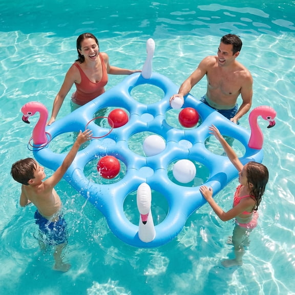 Vecukty Pool Toys, 2 in 1 Inflatable Pool Float & Toss Game Set, Tic Tac Toe & Ring Toss with 10 Balls & 4 Rings, Outdoor Water Party Toys for Adults & Teens, for Swimming Pool, Lake & Beach Summer F