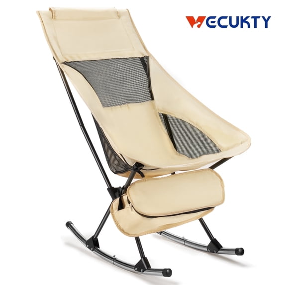 Camping Chair, Vecukty High Back Rocking Chair 165 lbs Capacity, Heavy Duty Compact Outdoor Portable Folding Rocker Chair for Camping Hiking Gardening Travel Beach Picnic,Beige