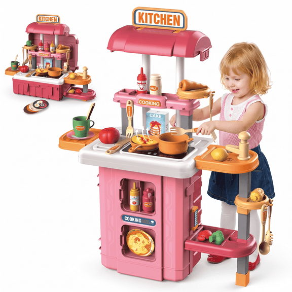 Vecukty 49Pcs Pretend Play Kitchen Set for Kids, Toy Cooking Set with Kitchen Accessories, Gift for Toddlers Girls Boys