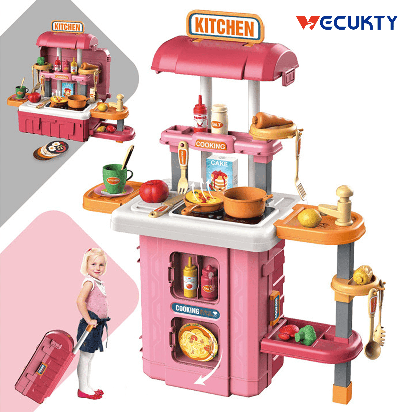 Keenstone 3-in-1 Kids Play Kitchen Set, 49PCS Pretend