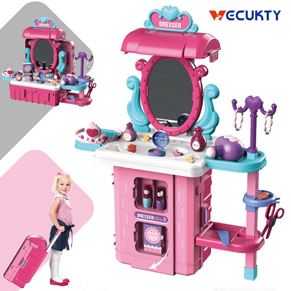 Vecukty Makeup Play for Toddlers, Vanity for Girls, Princess Beauty Mirror and 39 PCS Play Set for Fashion Beauty Set, Christmas Birthday Toys Gifts