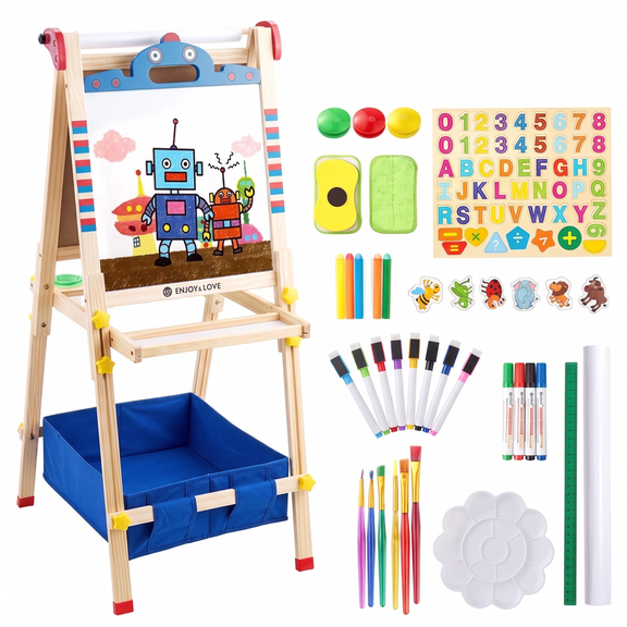 VECUKTY Kids Art Easel, Robot 3‑in‑1 Wooden Adjustable Height Magnetic Drawing Board & Chalkboard, Detachable Paper Roll Painting Stand Set for Toddlers Boys Girls Ages 3‑10