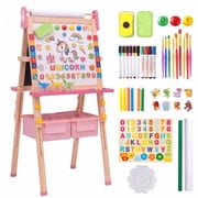 Vecukty Pink Unicorn Art Easel for Kids, Educational Toy for Ages 3-10 Boys & Girls, Adjustable Height Wooden Chalkboard & Magnetic Whiteboard & Painting Paper 