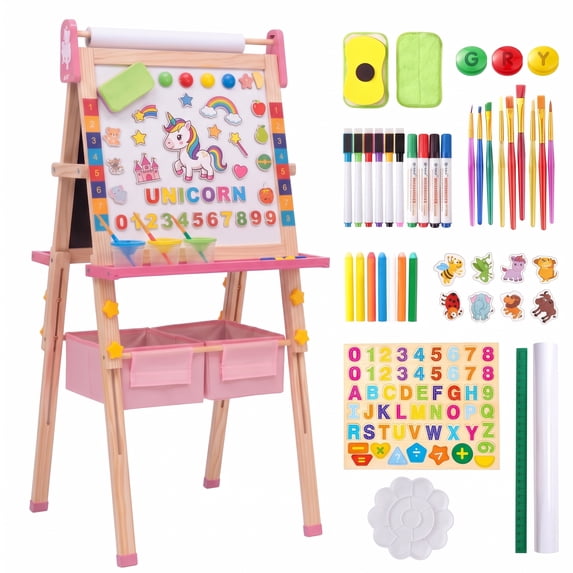 Vecukty Pink Unicorn Kids Art Easel, Adjustable Height Wooden Double Sided Chalkboard & Magnetic Whiteboard with Paper Roll & Storage Tray, Educational Art Toy Gift for Boys & Girls