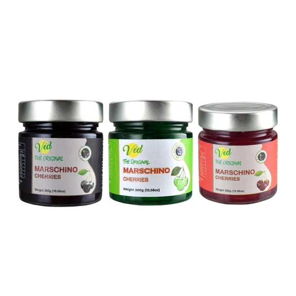 Ved Gourmet Original Black,Red & Green Maraschino Cherries - Italian Cherry for Old-Fashioned Cocktails - Vegan Cocktail, Bourbon Cherries in Natural Syrup for Cocktail Garnish(PACK OF 3)