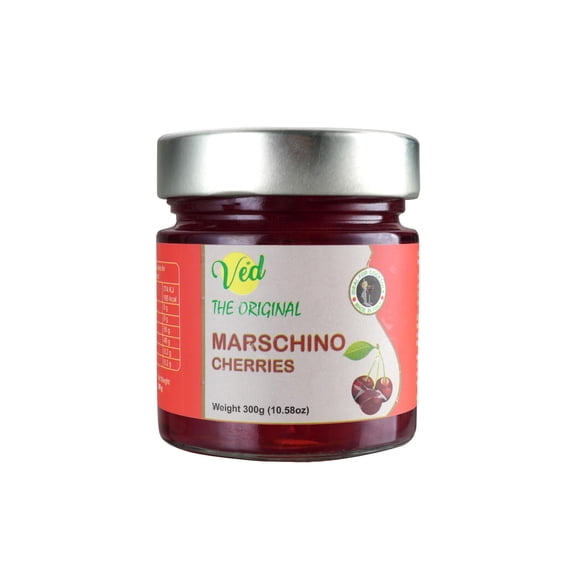 Ved Gourmet Original Red Maraschino Cherries - Italian Cherry for Old-Fashioned Cocktails - Vegan Cocktail, Bourbon Cherries in Natural Syrup for Cocktail Garnish - 300g Jar