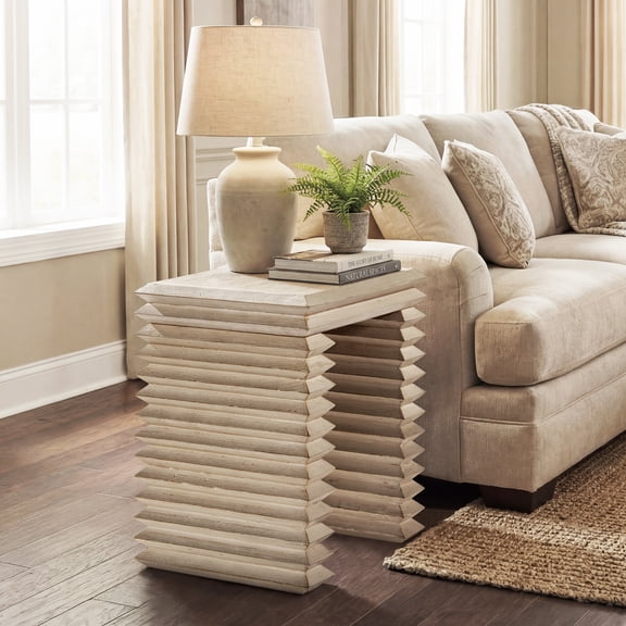 Veda 20" Reclaimed Wood Stacked Geometric Waterfall Side Table, Whitewashed Natural Reclaimed Pine Wood