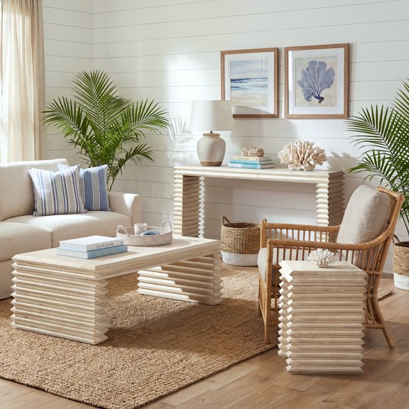 Veda 20" Reclaimed Wood Stacked Geometric Waterfall Side Table, Whitewashed Natural Reclaimed Pine Wood