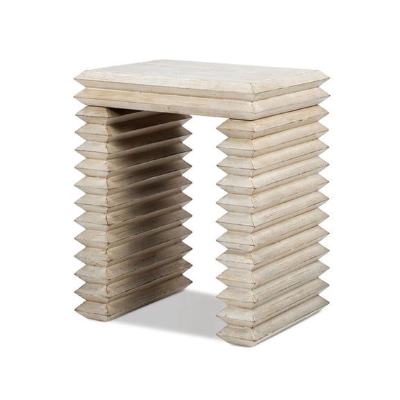 Veda 20" Reclaimed Wood Stacked Geometric Waterfall Side Table, Whitewashed Natural Reclaimed Pine Wood