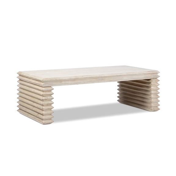 Veda 55" Reclaimed Wood Stacked Geometric Waterfall Coffee Table, Whitewashed Natural Reclaimed Pine Wood