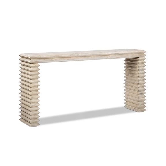 Veda 63" Reclaimed Wood Stacked Geometric Waterfall Console Table, Whitewashed Natural Reclaimed Pine Wood