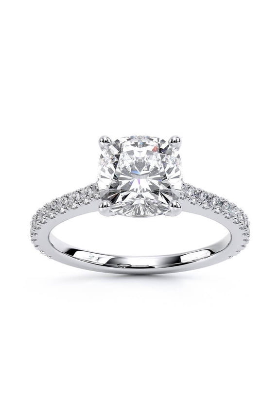 1.19 Ct Cushion Cut Simulated Diamond Ring – Engagement Ring with Accent Simulated Diamond – Simulated Diamond Rings - 14K White Gold Plated Prong Setting for Women's