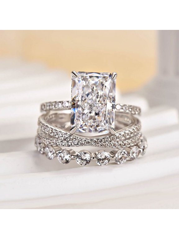 1.4 Ct Radiant Cut Lab-Created Simulated Diamond Hidden Halo Engagement Ring Set with Band, 14K White Gold Plated, Anniversary Gift