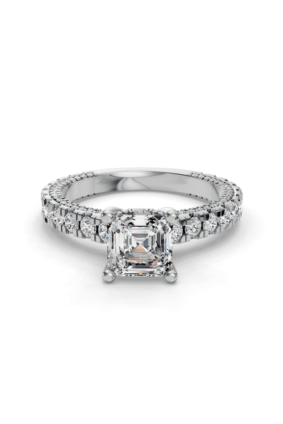1.48 Ct Asscher Cut Simulated Engagement Ring - 14K White Gold Plated Solitaire with Accents Ring for Women - Side Stone Simulated Ring Design for Wedding and Engagement Jewelry