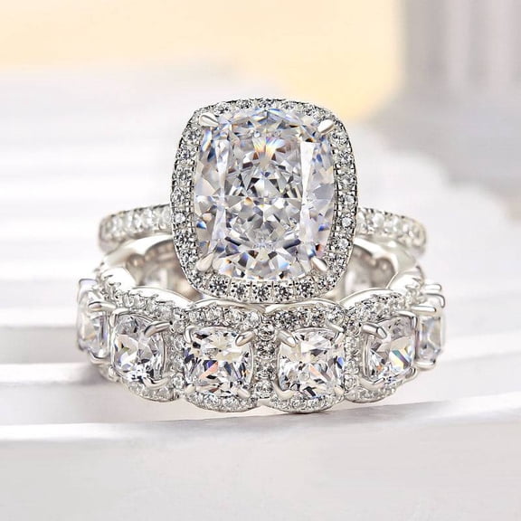 Veda Jewel 1.5 Ct Cushion Cut Lab Created Diamond Halo Ring Set - 14K White Gold Plated Engagement Jewelry for Women's - Bridal Set with Eternity Band