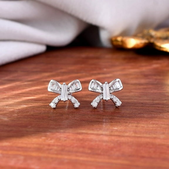 Veda Jewel 1.53 Ct Baguette Cut Lab Created Diamond Bow Engagement Stud Earrings - 14K White Gold Plated Jewelry for Women - Elegant and Chic Design for Her - Perfect Gift for Celebrations