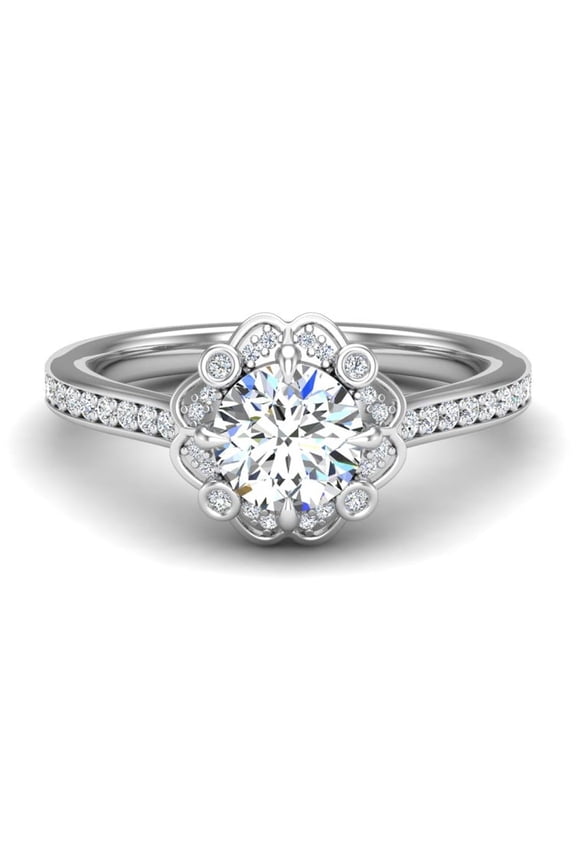 1.58 Ct Round Lab Lab-Created Diamond Halo Engagement Ring - 14K White Gold Plated Rings - Ideal for Weddings and Special Occasions - Beautiful Gift for Her with Timeless Prong Setting